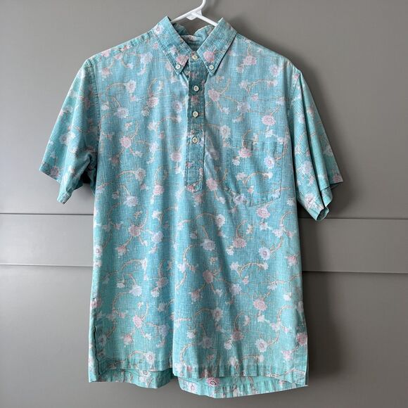 Reyn Spooner Shirt Mens Medium Blue Pink Floral Hawaiian Button Up Short Sleeve - Picture 1 of 13